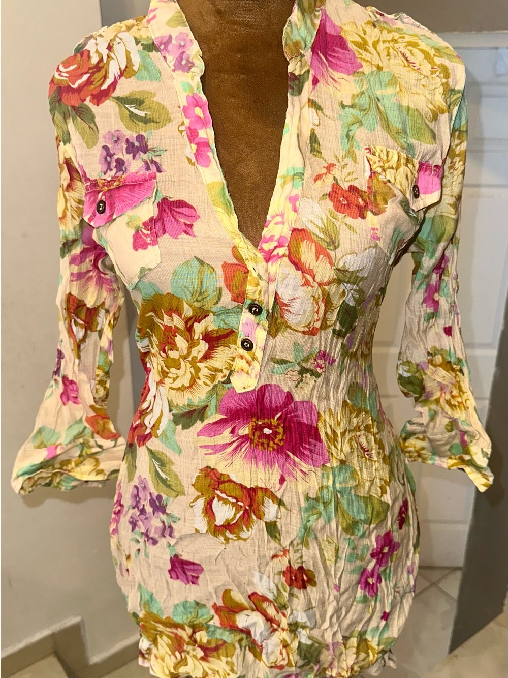 Floral Crinkle Tunic Top - Pink & Cream